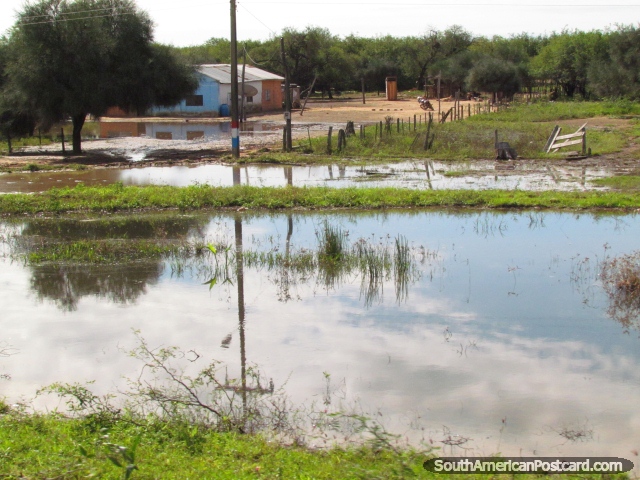 Casa através da água em Gran Chaco. (640x480px). Paraguai, América do Sul.