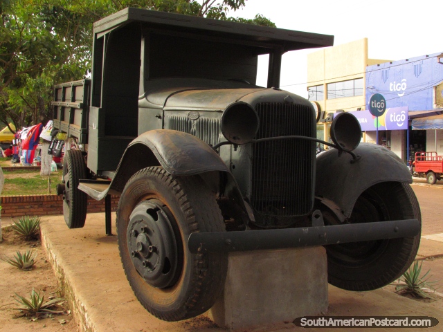 Old black vintage car on display in the street in Concepcion. (640x480px). Paraguay, South America.
