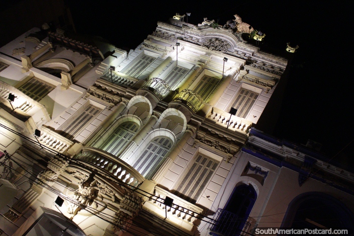 Great old building with iron balconies in Asuncion at night. (720x480px). Paraguay, South America.