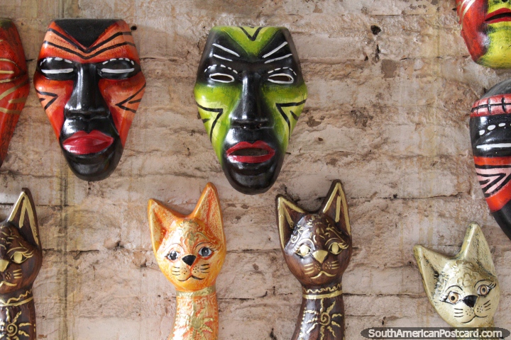 Ceramic masks and cats, made in Aregua, the ceramic capital of Paraguay. (720x480px). Paraguay, South America.