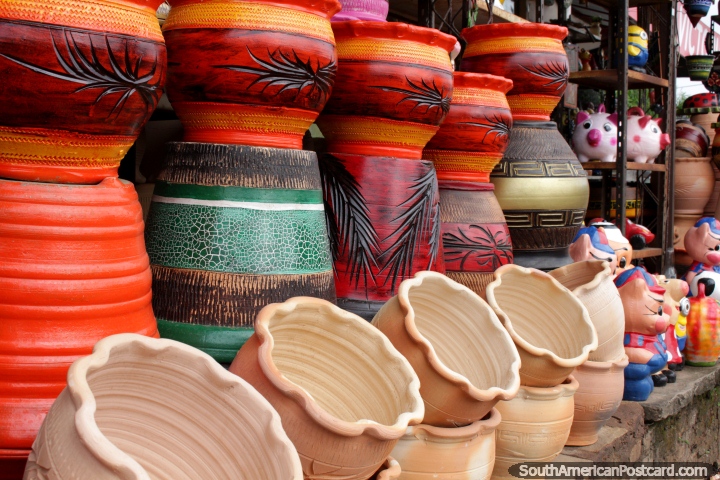 Plant holders of various shapes, colors and sizes, ceramics in Aregua. (720x480px). Paraguay, South America.