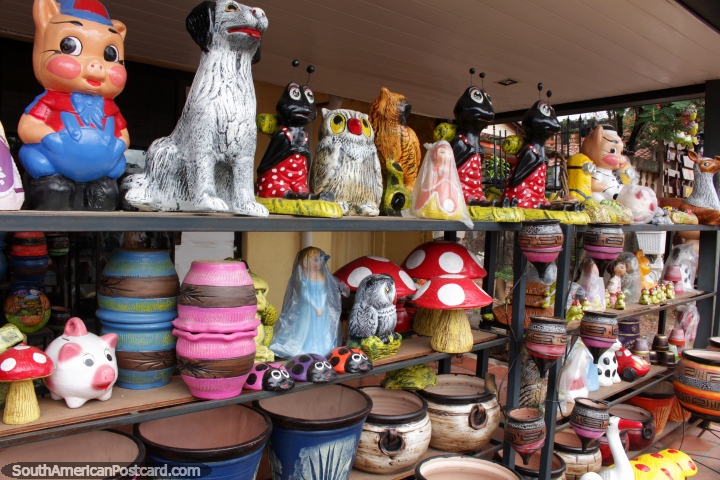 Various ceramic animals and other pieces, a shelf of smaller works in Aregua. (720x480px). Paraguay, South America.