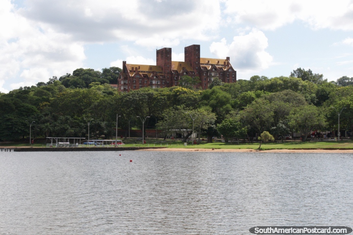 Hotel de Sol dominates the view in San Bernardino, view from the lake. (720x480px). Paraguay, South America.