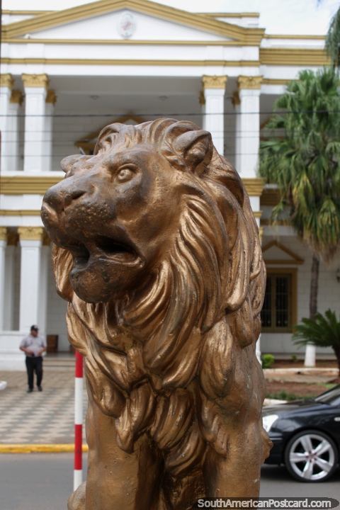 El oro esculpido león enfrente de la casa de gobierno en Villarrica. (480x720px). Paraguay, Sudamerica.