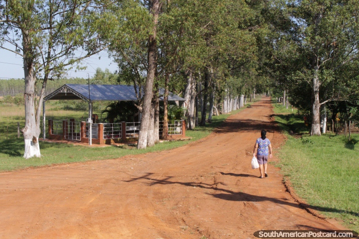 A woman begins her walk down a long dirt road in the countryside, north of Villarrica. (720x480px). Paraguay, South America.