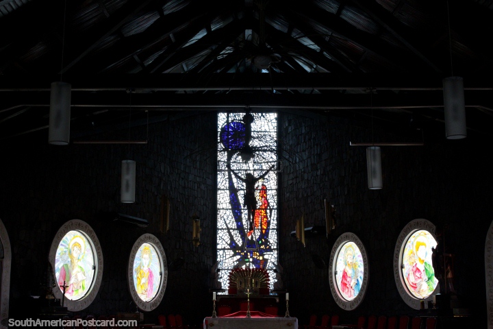 The alter and largest stained glass window at Cathedral San Blas in Ciudad del Este. (720x480px). Paraguay, South America.