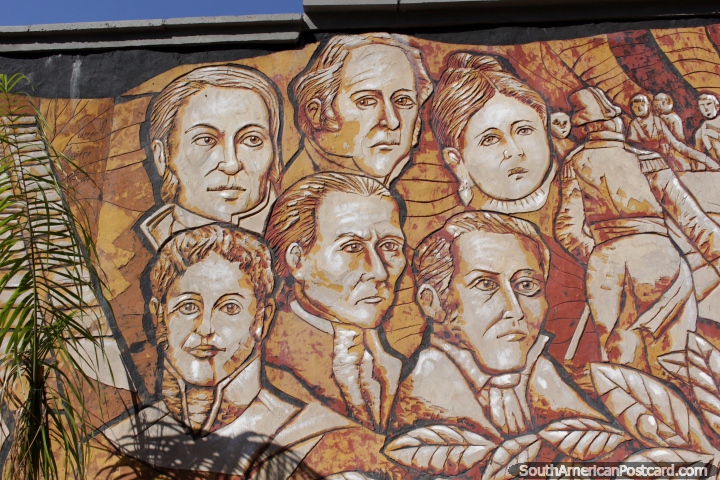 Sculptured mural of 6 important people of Paraguay in Ciudad del Este. (720x480px). Paraguay, South America.