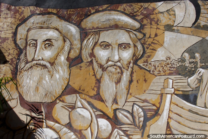 A pair of bearded wisemen, sculptured mural in Ciudad del Este. (720x480px). Paraguay, South America.