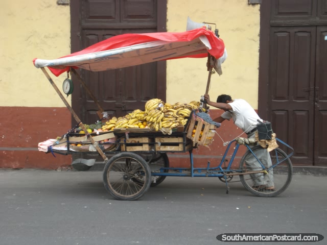 Bananas e outro fruto em uma carreta de bicicleta, Camana. (640x480px). Peru, América do Sul.