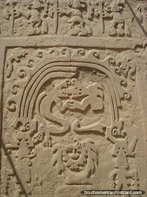 Designs engraved on the walls of the Huaca Arco Iris o Dragon in Trujillo. (480x640px). Peru, South America.