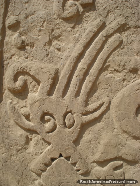 Huaca el Dragon wall design close-up. (480x640px). Peru, South America.