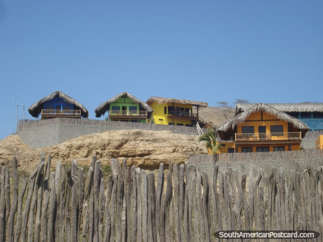 Colorful accommodations on the hill behind Mancora beach. (640x480px). Peru, South America.