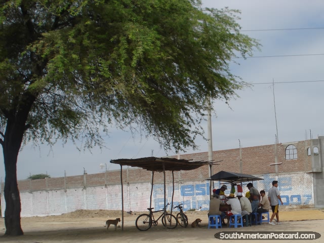 Un cocinero exterior cerca de Sullana completa con cobertizo de la bicicleta y perros vagos. (640x480px). Per, Sudamerica.