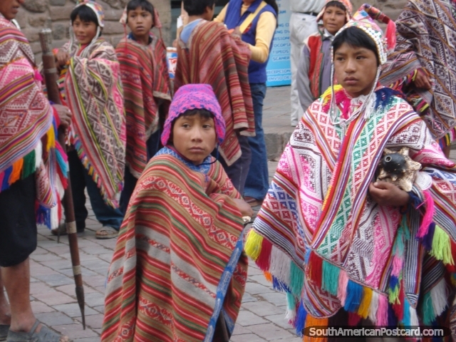 Indigenous clothing of Peru worn by a group of boys in Cusco celebrations. (640x480px). Peru, South America.