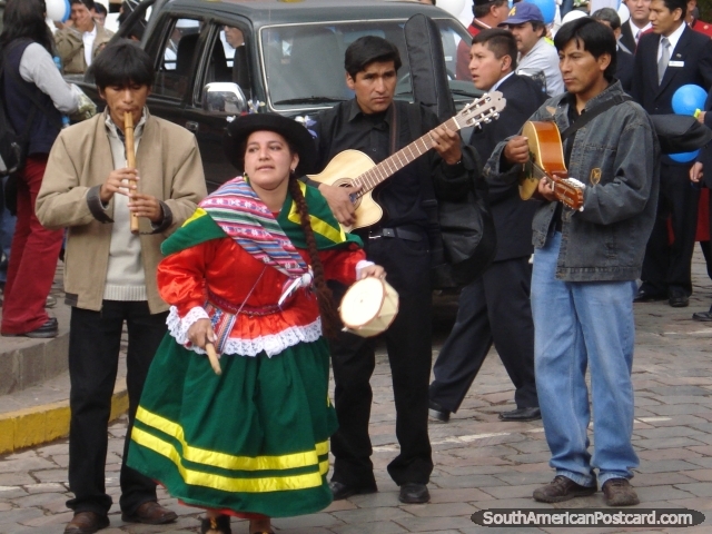 A cultural celebration in Cusco with music and dancing in the streets. (640x480px). Peru, South America.