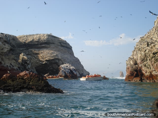 Groups of boats travel slowly and quietly around the Islas Ballestas. (640x480px). Peru, South America.