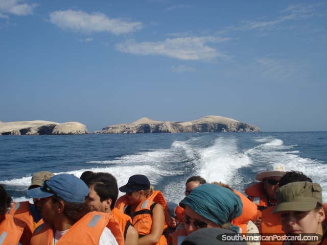 O grupo que se apressa longe do Ilhas Ballestas na viagem curta a terra firme. (640x480px). Peru, Amrica do Sul.