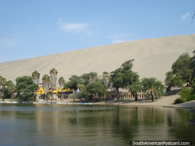 The Huacachina lagoon with huge sand dunes behind. (640x480px). Peru, South America.
