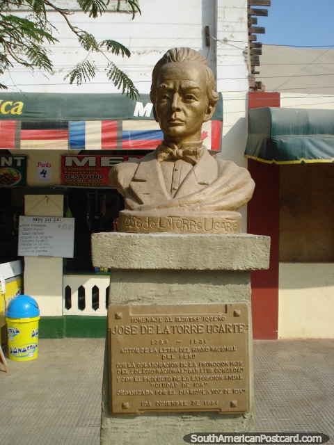 Jose de la Torre Ugarte (1786-1831) bust in Huacachina, a lyricist who wrote the national anthem. (480x640px). Peru, South America.