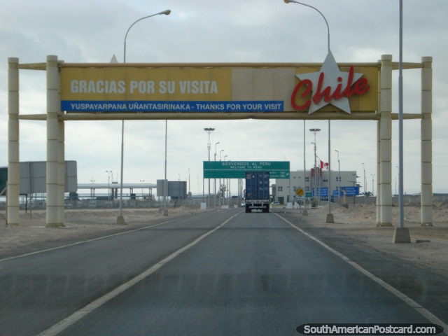 Chile Border to Tacna, Peru - A Straightforward Border Crossing. The border crossing from Chile to Peru is quite simple. Just get in a collective taxi and go. It takes about an hour to get from Arica to Tacna or vice versa!