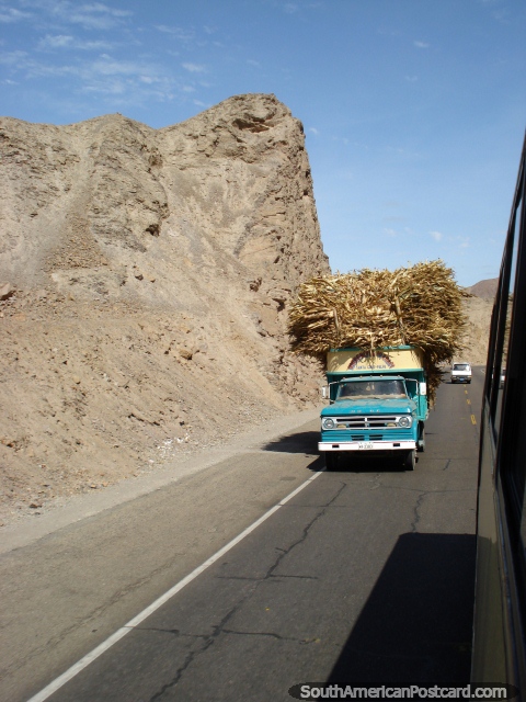 Small truck carrying a lot of hay north of Palpa. (480x640px). Peru, South America.