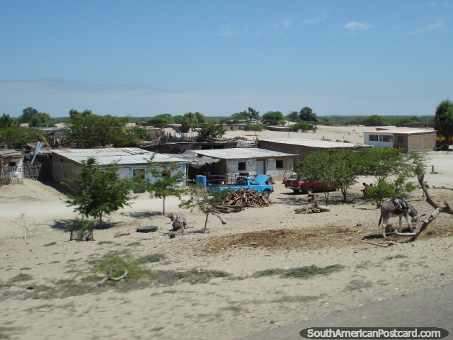 Pequena comunidade de casas no deserto do norte ao sul de Piura. (640x480px). Peru, América do Sul.