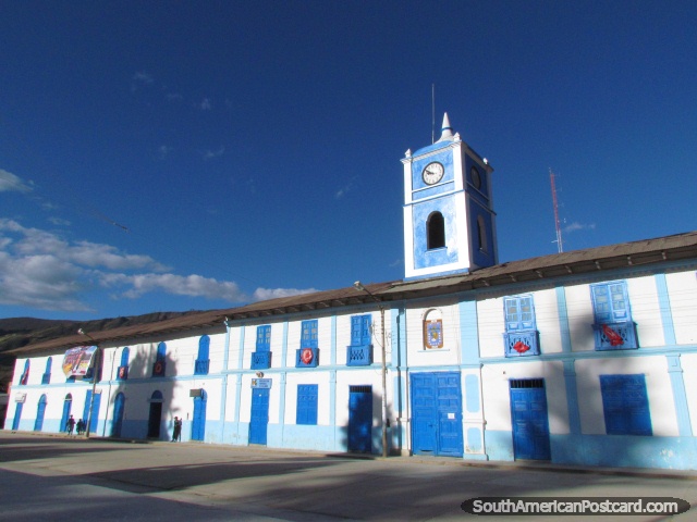 The Celendin clocktower and long blue building. (640x480px). Peru, South America.