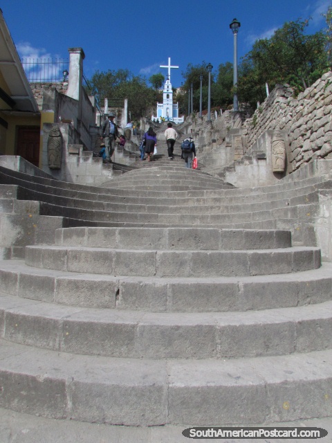 The steep stairway up Cerro Santa Apolonia in Cajamarca. (480x640px). Peru, South America.