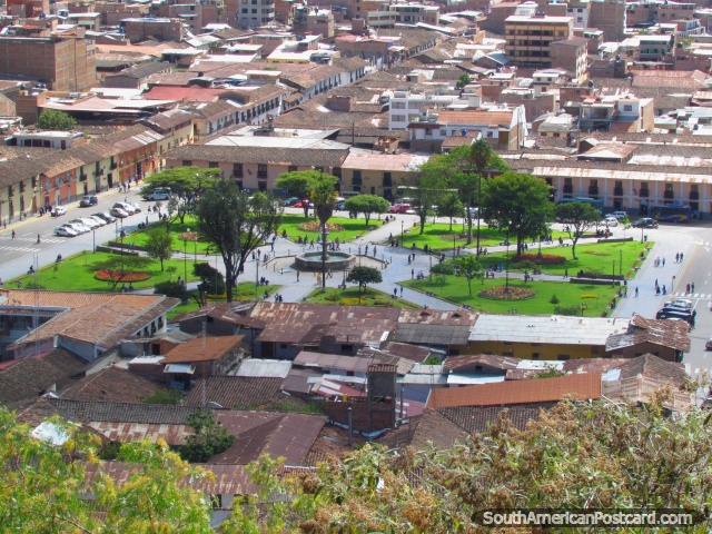 View of the Plaza de Armas from Cerro Santa Apolonia in Cajamarca. (640x480px). Peru, South America.