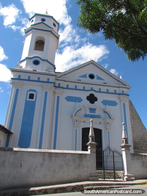 White and blue church beside Plazuela de las Monjas, Cajamarca. (480x640px). Peru, South America.