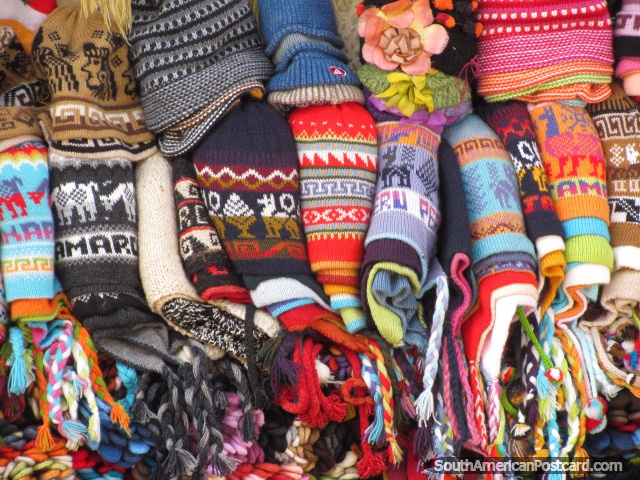 Colorful Peruvian woollen hats for sale in the street in Cajamarca. (640x480px). Peru, South America.