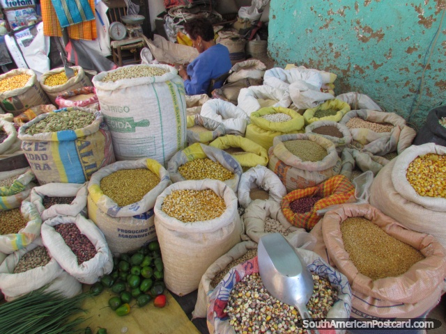 Corn, seeds and grains for sale at markets in Cajabamba. (640x480px). Peru, South America.
