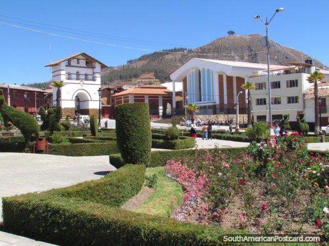 Flower gardens, Campanario bell-tower and church in Huamachuco. (640x480px). Peru, South America.