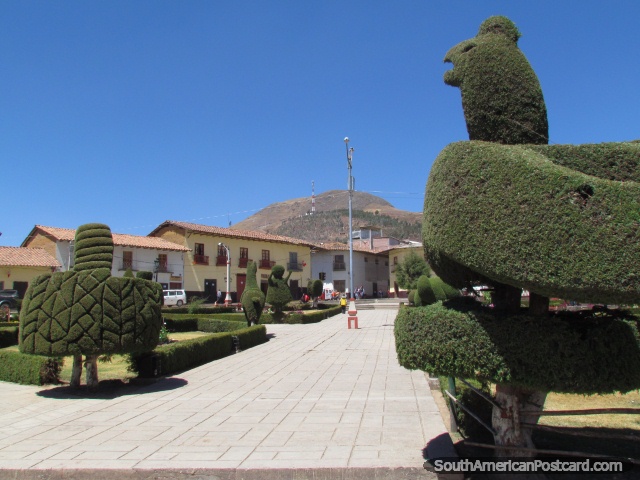 Esculturas de árvore frescas em Praça de Armas em Huamachuco. (640x480px). Peru, América do Sul.