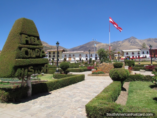 Gardens and trees in plaza in Huamachuco. (640x480px). Peru, South America.