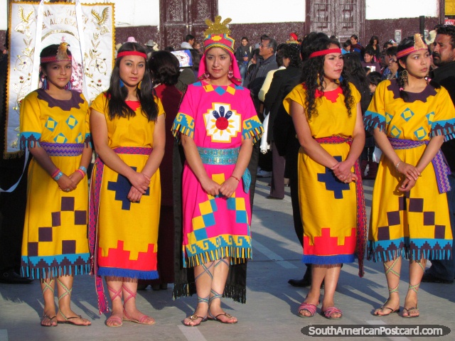 5 girls in amazing outfits leading the religious parade at Feria Patronal in Huamachuco. (640x480px). Peru, South America.