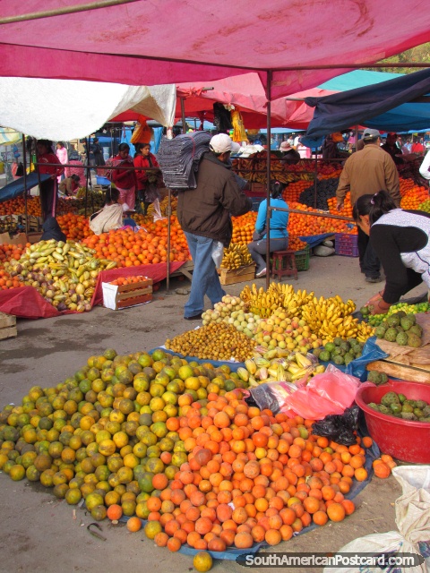 Piles of fruit at the stalls at Andahuaylas markets. (480x640px). Peru, South America.