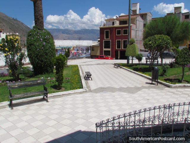 The lower part of the Plaza de Armas in Abancay with chequered tiles. (640x480px). Peru, South America.