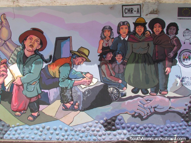 Pintura mural de habitantes del barrio en una pared en Abancay. (640x480px). Per, Sudamerica.