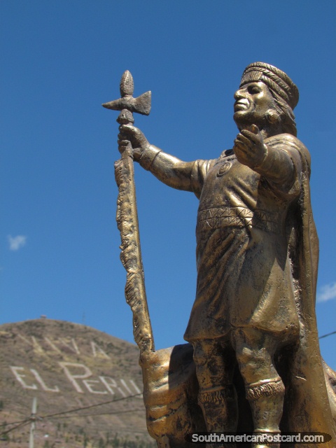Um monumento inca de bronze em Cusco. (480x640px). Peru, Amrica do Sul.