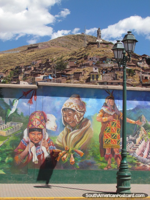 Colorful wall mural of local indigenous folk in Cusco. (480x640px). Peru, South America.