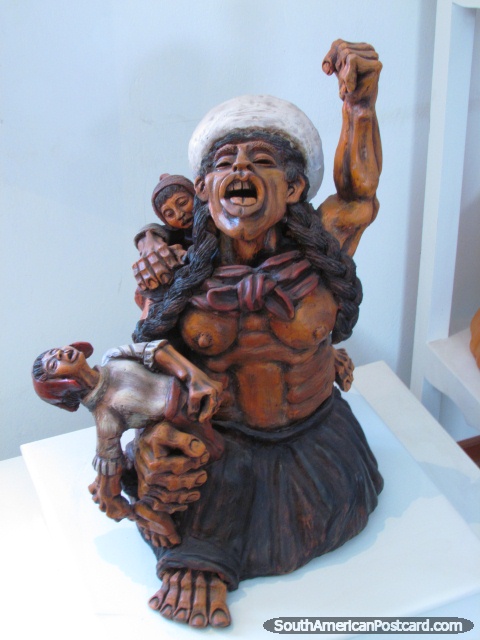 Indigenous woman and babies art piece at Merida Gallery in Cusco. (480x640px). Peru, South America.