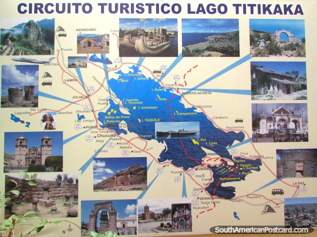 Mapa do circuito turstico em volta do Lago Titicaca e Puno. (640x480px). Peru, Amrica do Sul.