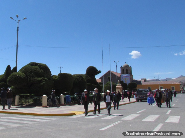Plaza, church and animal sculptured trees in Yunguyo. (640x480px). Peru, South America.
