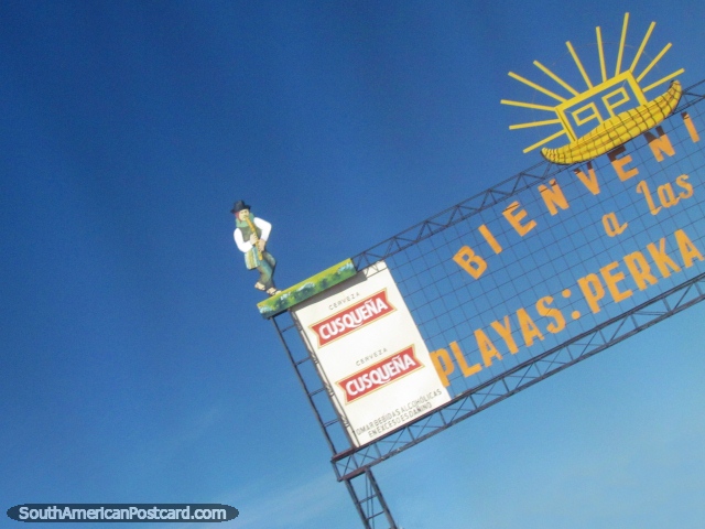 Signo anunciando las playas entre Llave y Puno. (640x480px). Per, Sudamerica.