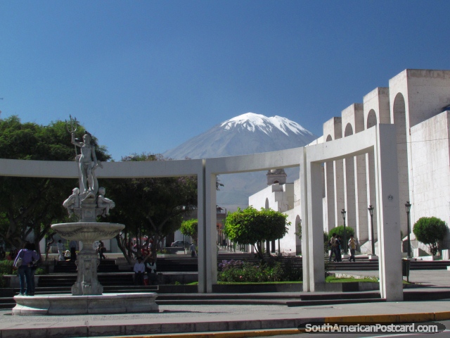Man with pitchfork fountain, park and Volcan Misti, Arequipa. (640x480px). Peru, South America.
