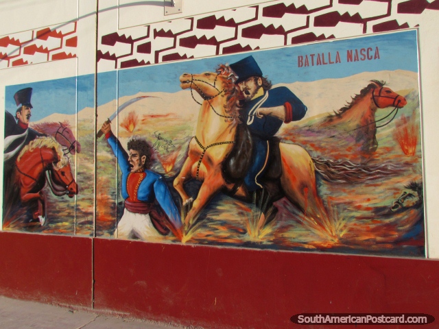 La Batalla de Nazca, mural en la pared, Batalla Nasca. (640x480px). Per, Sudamerica.