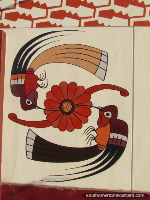 2 hummingbirds and a flower, wall mural in Nazca. (480x640px). Peru, South America.