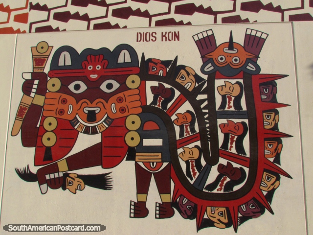 Los naturales afrontan la mural en la pared en Nazca, Dios Kon. (640x480px). Per, Sudamerica.