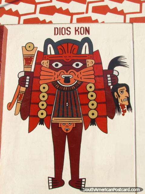 Dios Kon mantém a cabeça de Naturais, a arte de parede em Nazca. (480x640px). Peru, América do Sul.